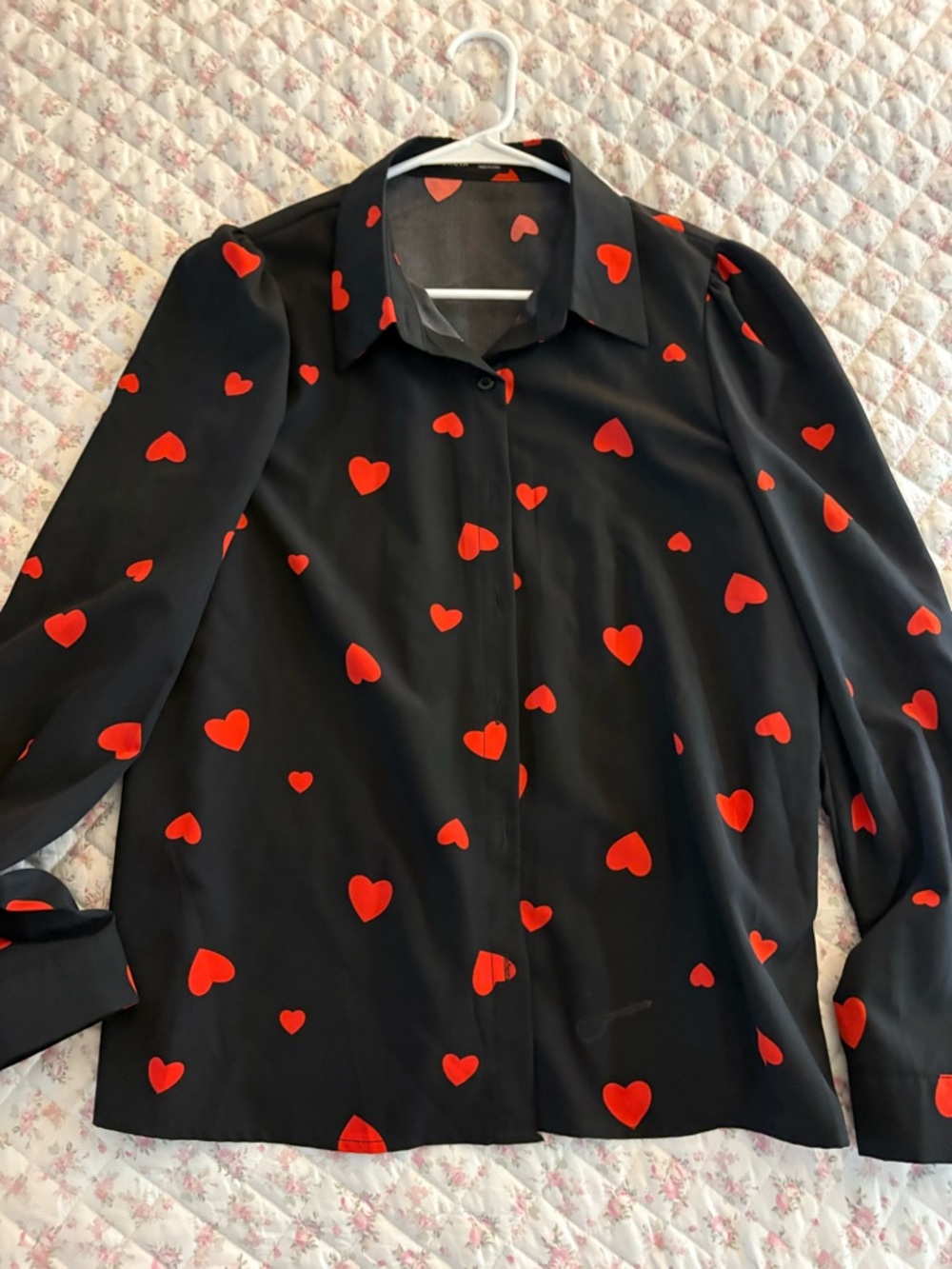 SHEIN Black Button-Up Shirt with Red Heart Print